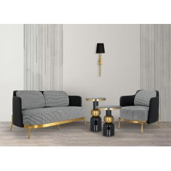 Sofa VENICE tkanina pepitka biało-czarna ekoskóra - złota podstawa